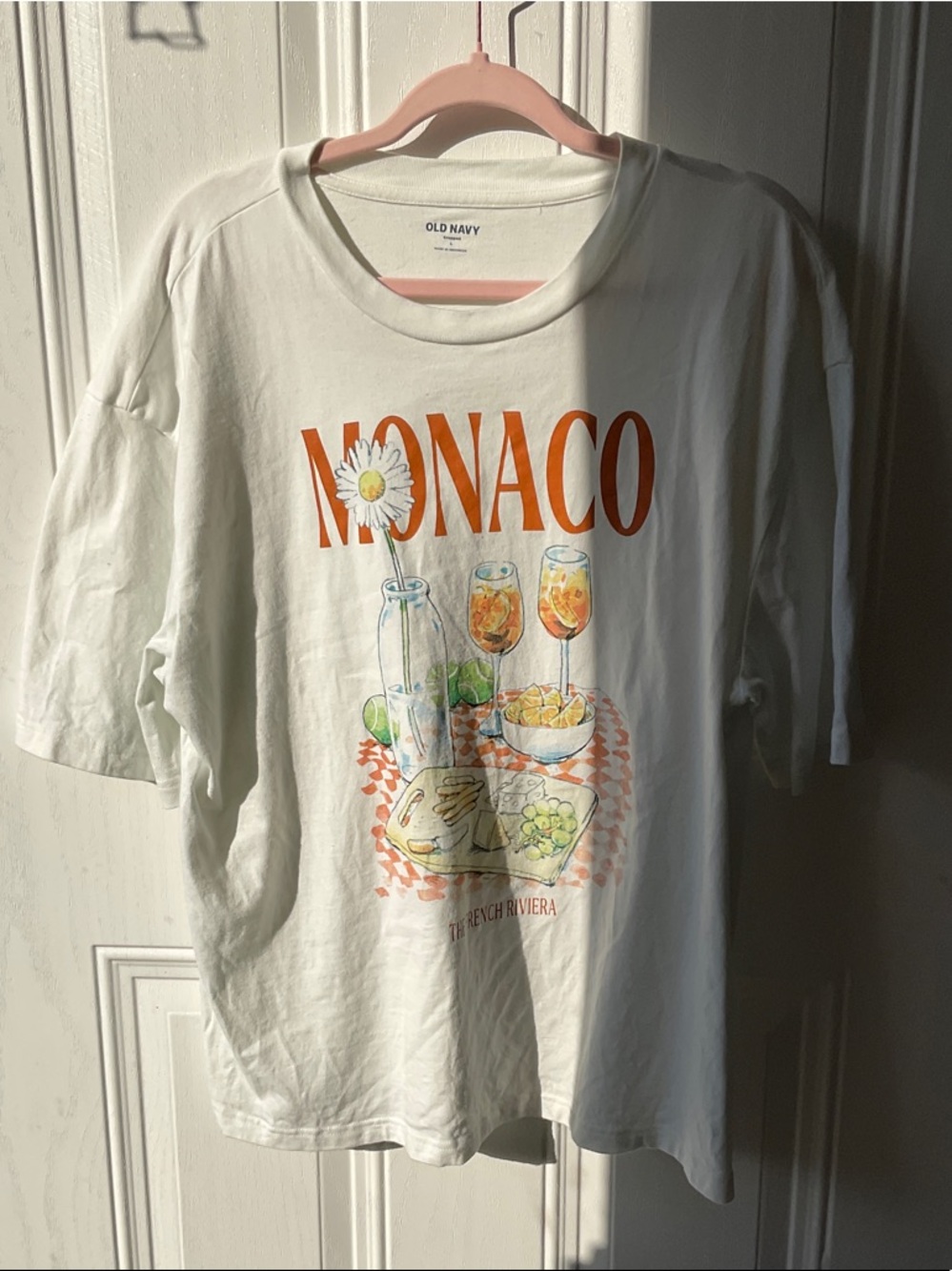 Old Navy White Graphic Tee with Orange "MONACO" Print